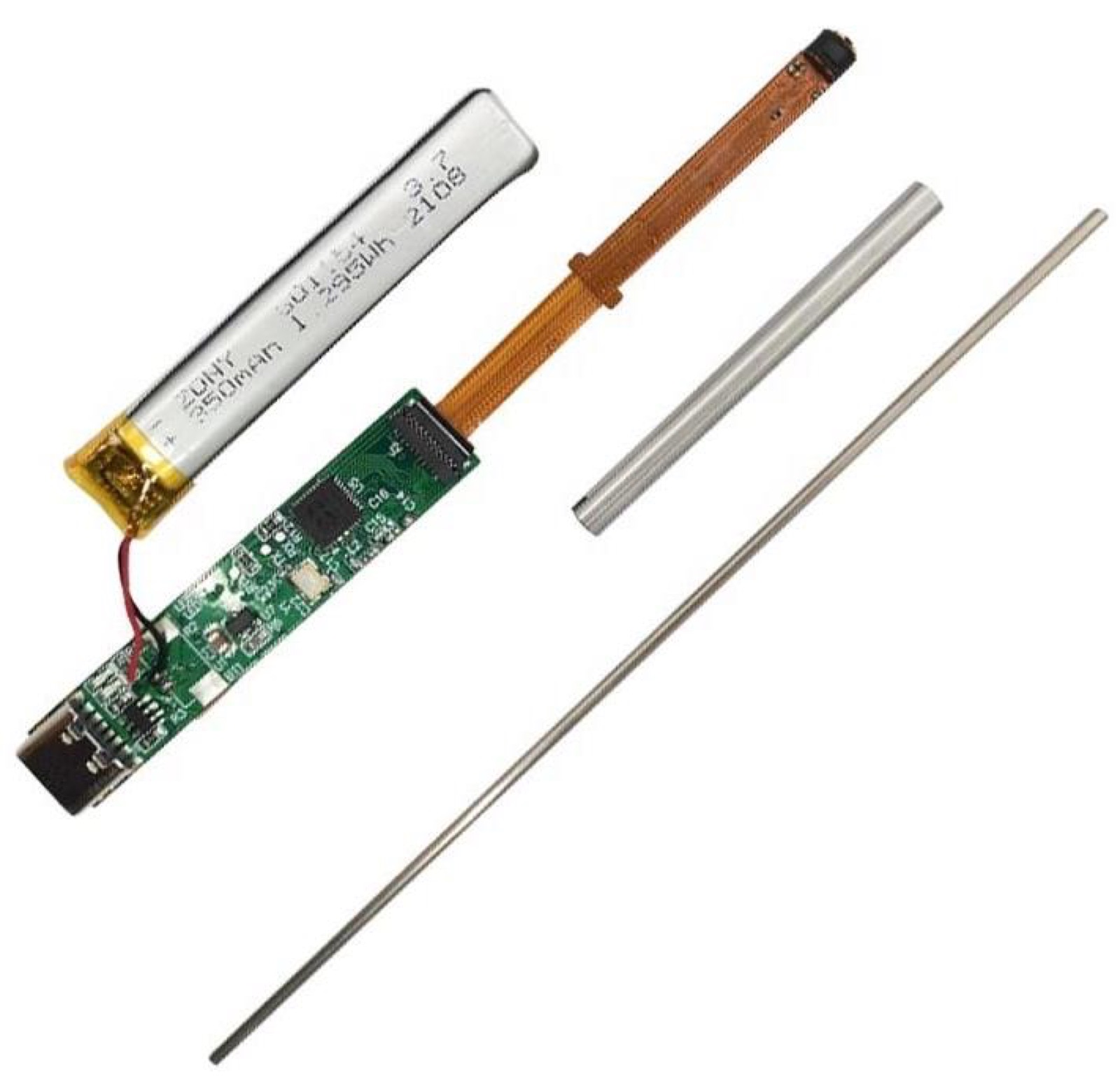 Le prototype du client démonté : batterie, carte, nappe de la caméra et tube du stylo