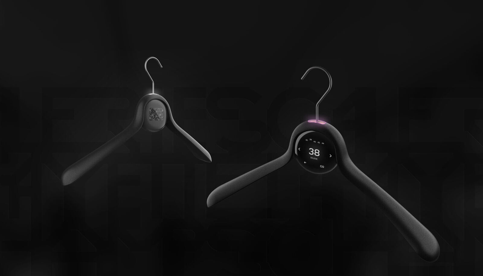 Rendu du design final du cintre connecté des Galeries Lafayette Champs-Élysées : écran rond affichant la taille 38 et le prix