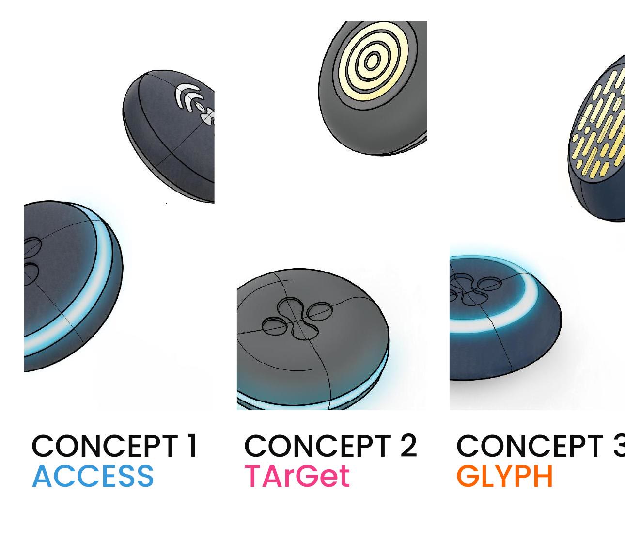 Les trois premiers concepts, Access, Target et Glyph, refusés par le client