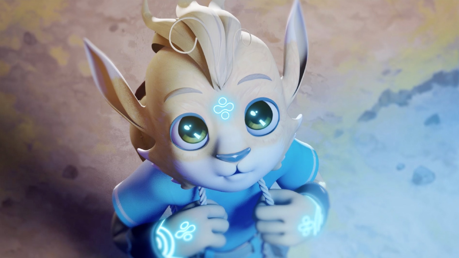 Image du film d'animation : une créature Mirokaï aux grands yeux, une rune lumineuse sur le front