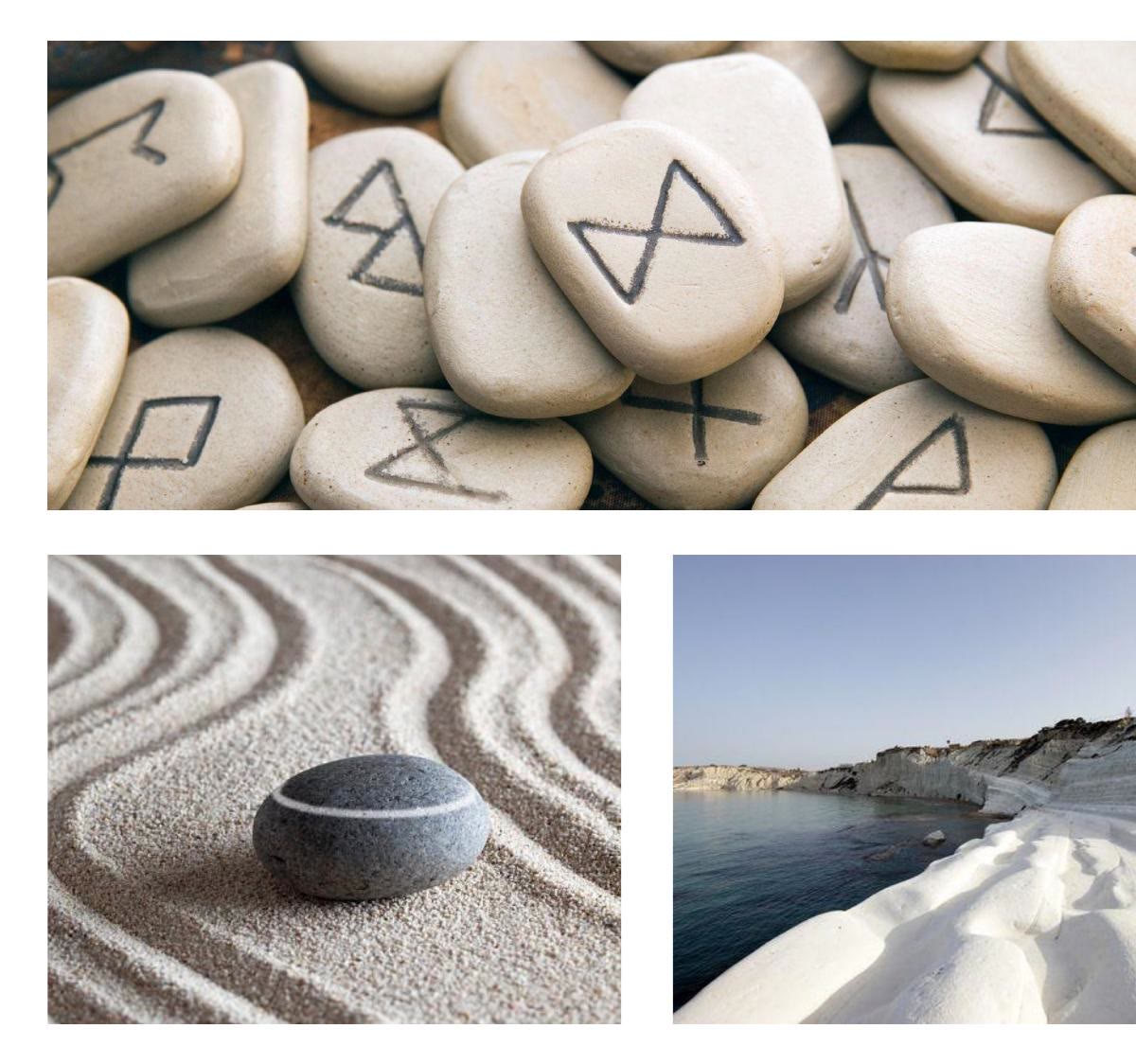 Planche d'inspiration : galets gravés de runes, pierre, minéral