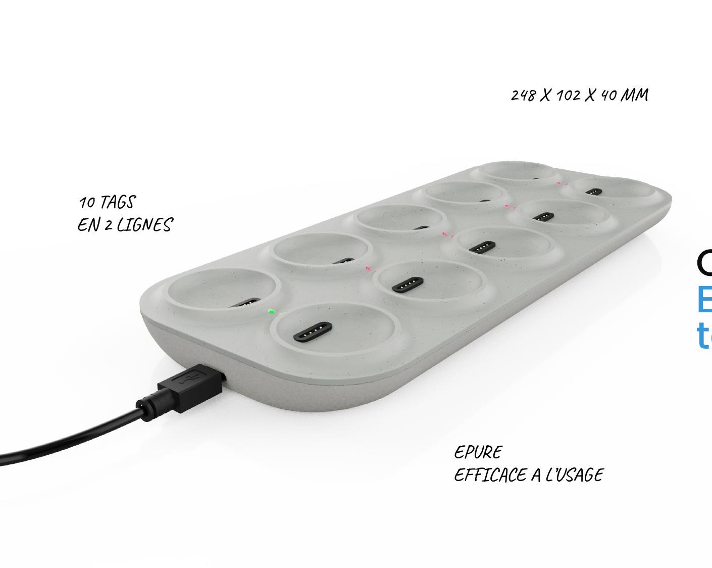 Le socle annoté : dix runes sur deux lignes, alimentation USB