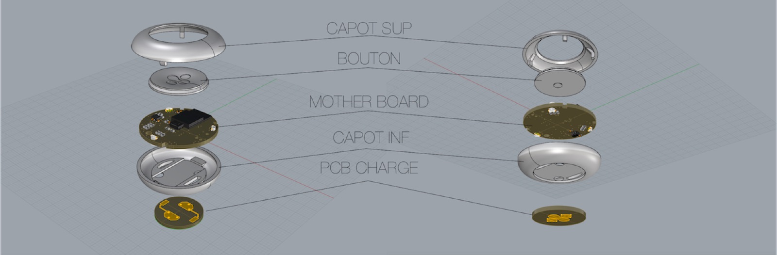 Vue éclatée de la rune : capot supérieur, bouton, carte mère, capot inférieur, carte de charge