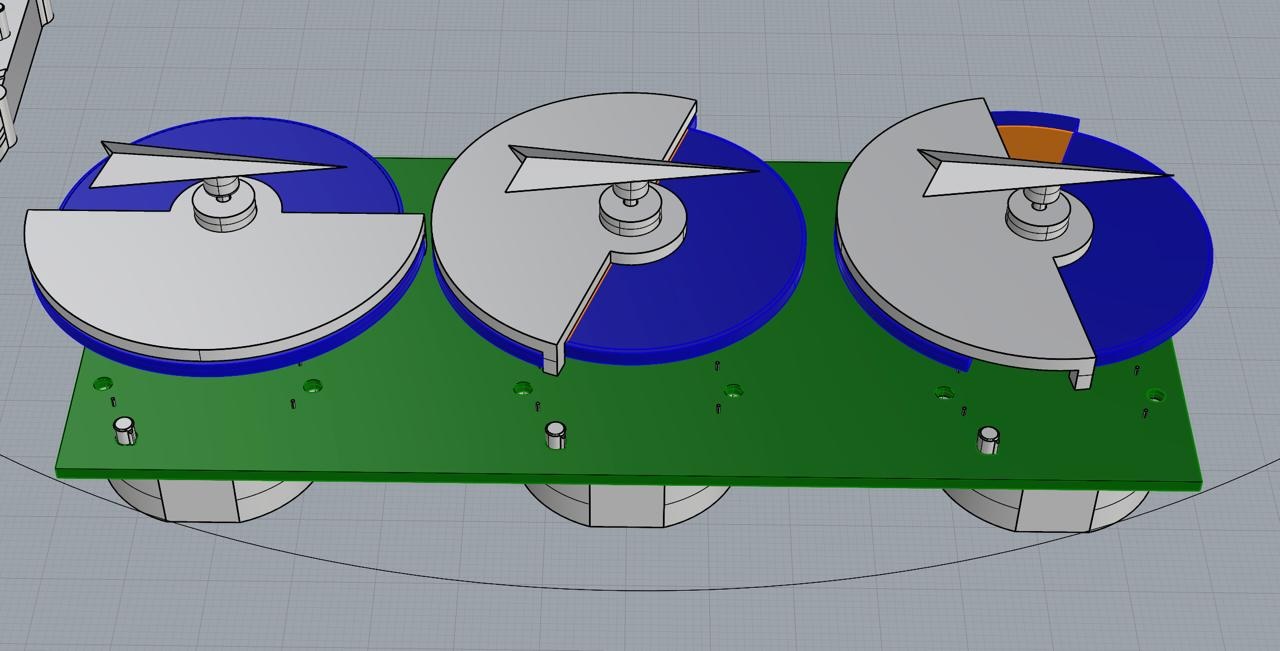 Modèle 3D des trois cadrans : flèche, disque de force du vent et disque des rafales sur la carte électronique