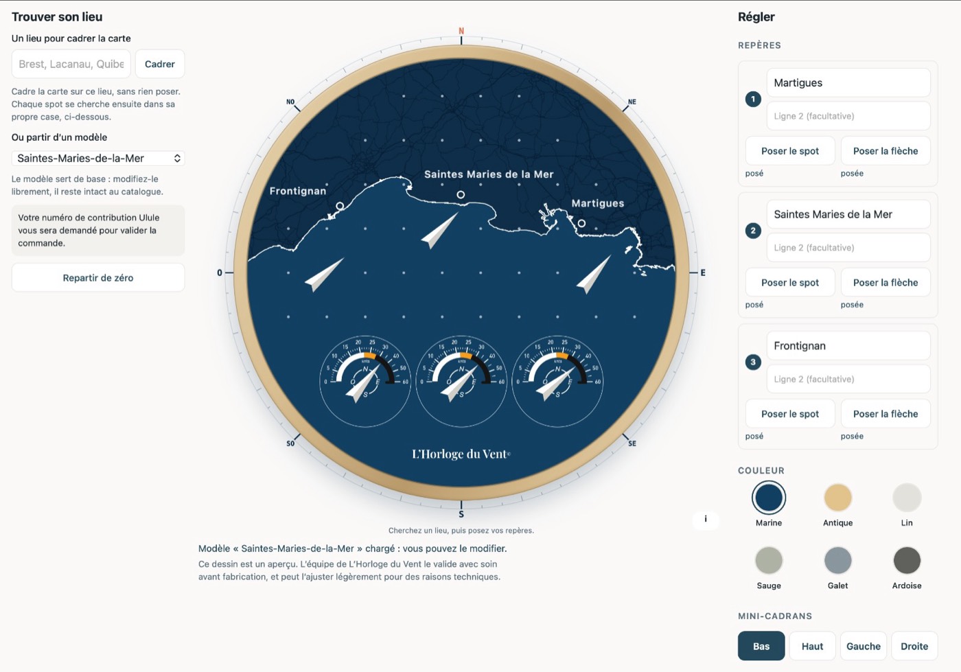 Le configurateur en ligne : on place ses spots sur la carte, la flèche se cale sur la position disponible la plus proche