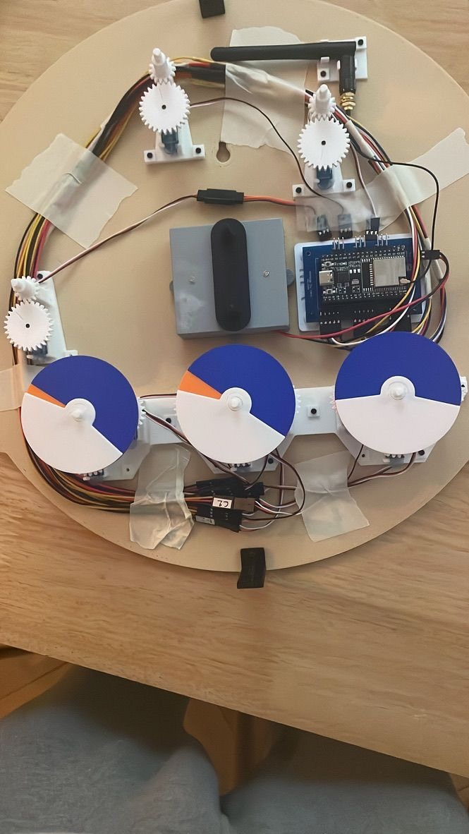 Le même prototype vu de dessus : trois cadrans, chacun entraîné par ses propres servomoteurs